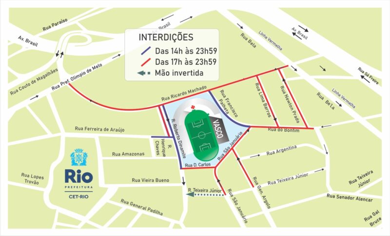 Esquema de trânsito para o jogo entre Vasco e Bahia, em São Januário – Prefeitura da Cidade do Rio de Janeiro
