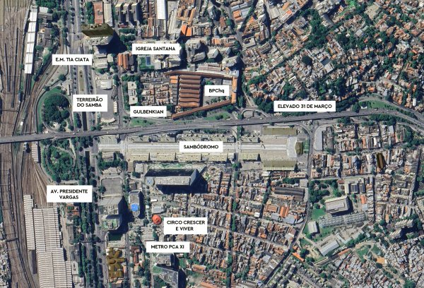 Imagem vista de cima das ruas da região do Sambódromo