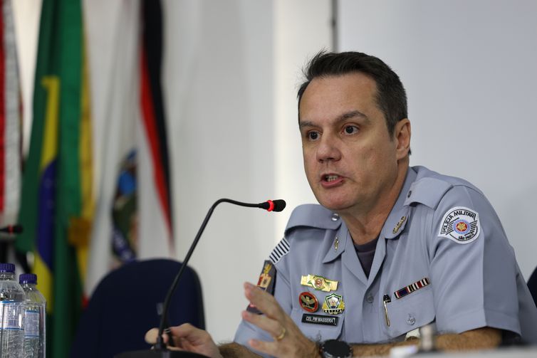 São Paulo (SP), 11/07/2025 - O coronel da Polícia Militar, Emerson Massera, fala na coletiva de imprensa sobre a ação da PM em Paraisópolis no quartel general da Polícia Militar. Foto: Rovena Rosa/Agência Brasil