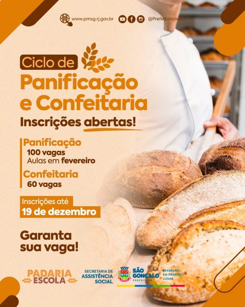 São Gonçalo inscreve para cursos de panificação e de confeitaria 