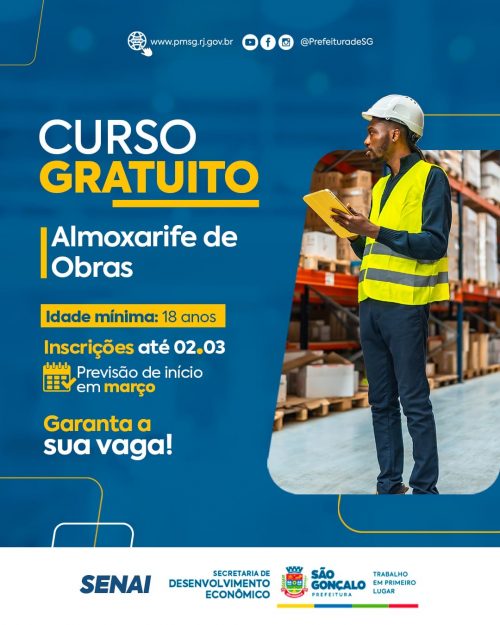 Prefeitura está com vagas abertas para curso gratuito de almoxarife de obras