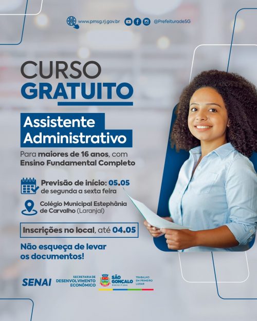 Prefeitura e Senai oferecem vagas para curso gratuito de Assistente Administrativo