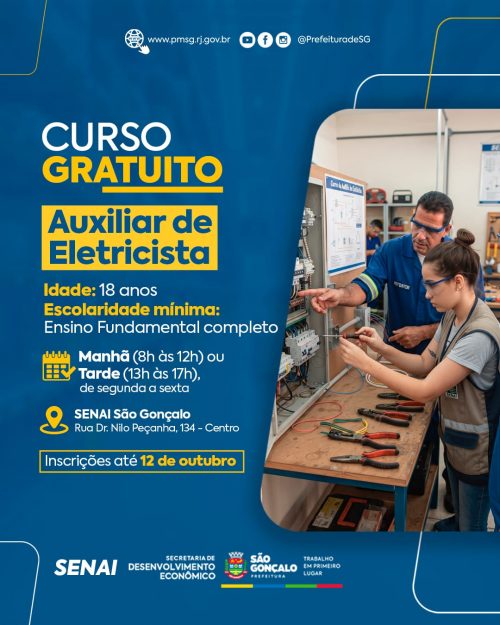 São Gonçalo inscreve para curso profissionalizante gratuito de auxiliar de eletricista